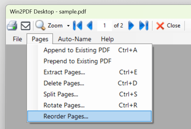 Win2PDF Desktop - Reorder Pages Menu Win2PDF Desktop - Reorder Pages Menu