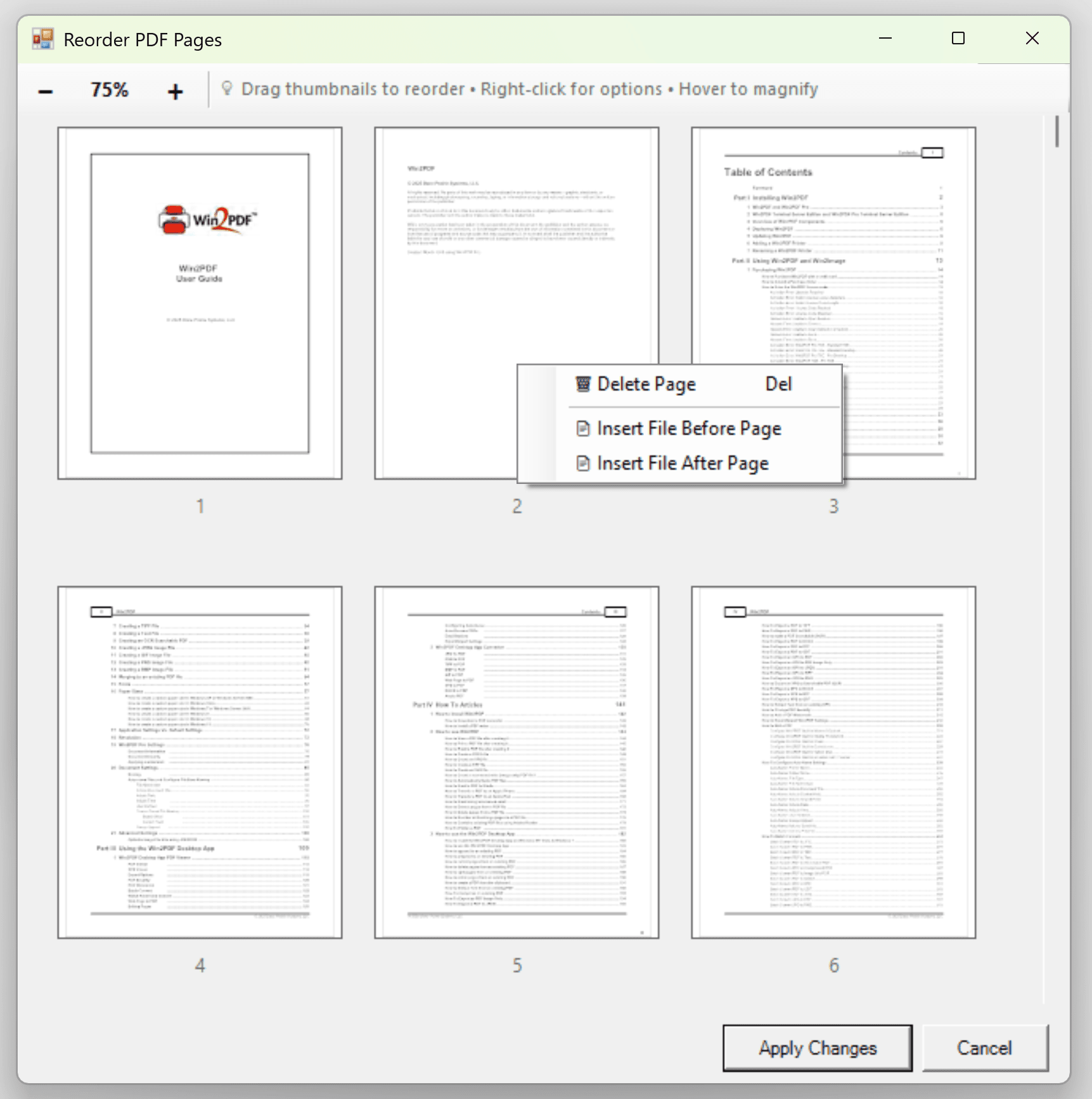 Win2PDF Desktop - Reorder Pages Pop-up Menu Win2PDF Desktop - Reorder Pages Pop-up Menu